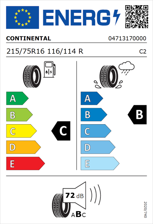 Tyre Label for Continental Vanco Camper 215/75R16 116/114R